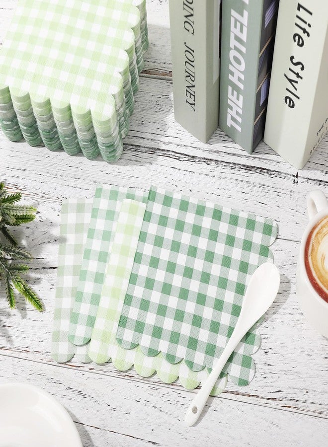 Whaline 100Pcs Sage Green Gingham Napkins Green Scalloped Cocktail Napkins Paper Plaid Beverage Napkin for Summer Picnic Barbecue Wedding One Lucky Duck Birthday Baby & Bridal Shower,5 x 5 Inches - Image 4
